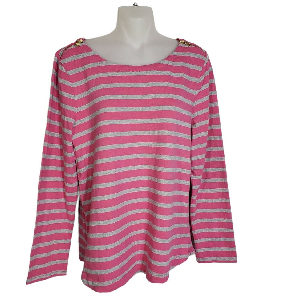 Talbots Womens Top Large Pink Gray Striped Zip Shoulder Long Sleeve Knit Cotton